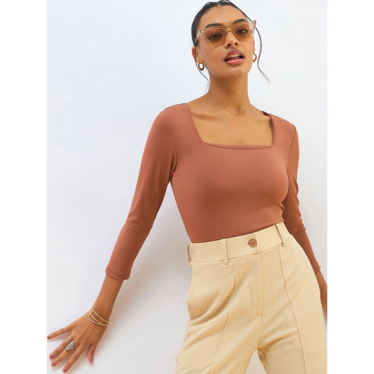 Sassafras Orange Square Neck Knitted Crop Top-women-clothing-tshirts-image-1