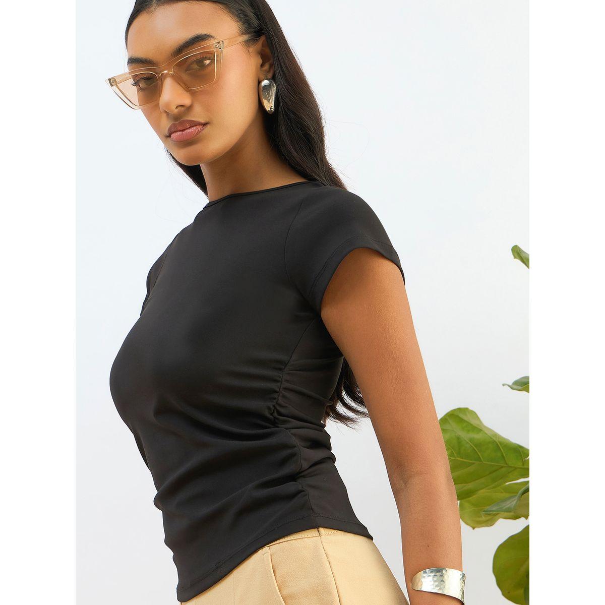 Sassafras Black Knitted Short Sleeve Ruched Crop Top-women-clothing-tshirts-image-1