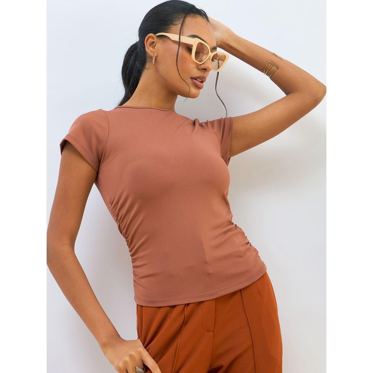 Sassafras Orange Knitted Short Sleeve Ruched Crop Top-women-clothing-tshirts-image-1