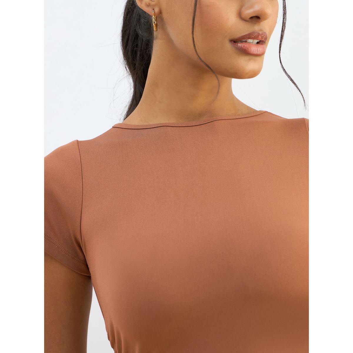 Sassafras Orange Knitted Short Sleeve Ruched Crop Top-women-clothing-tshirts-image-4