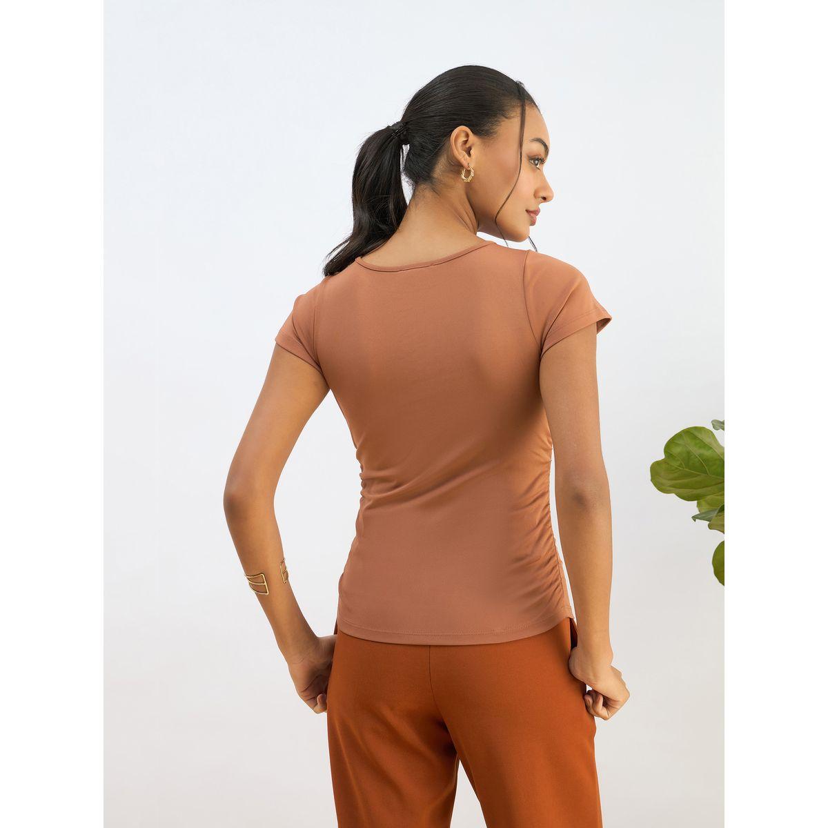 Sassafras Orange Knitted Short Sleeve Ruched Crop Top-women-clothing-tshirts-image-5