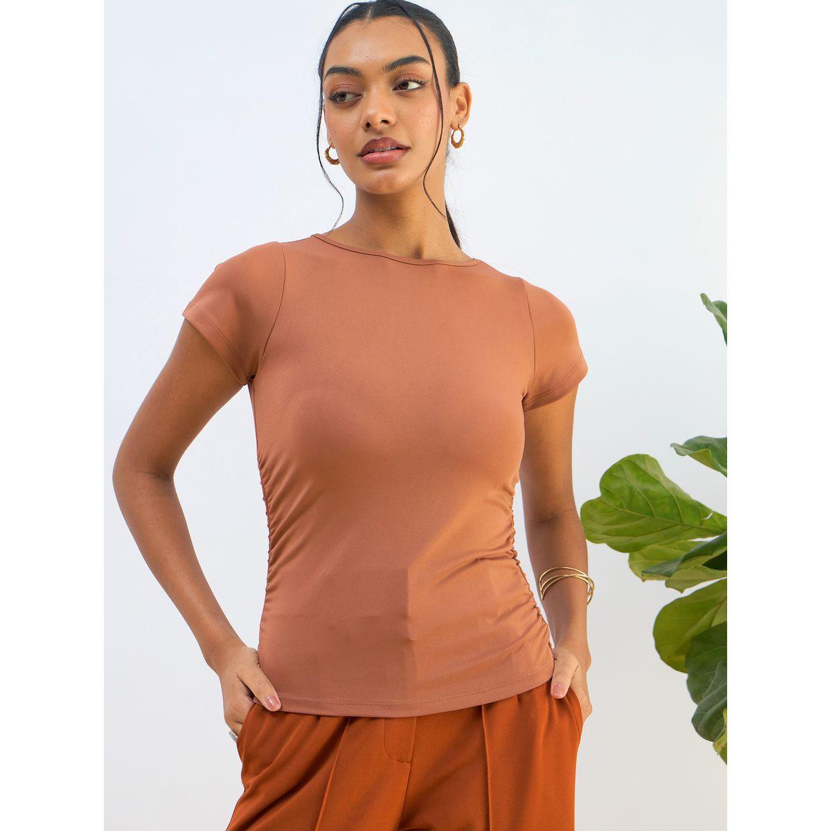 Sassafras Orange Knitted Short Sleeve Ruched Crop Top-women-clothing-tshirts-image-8