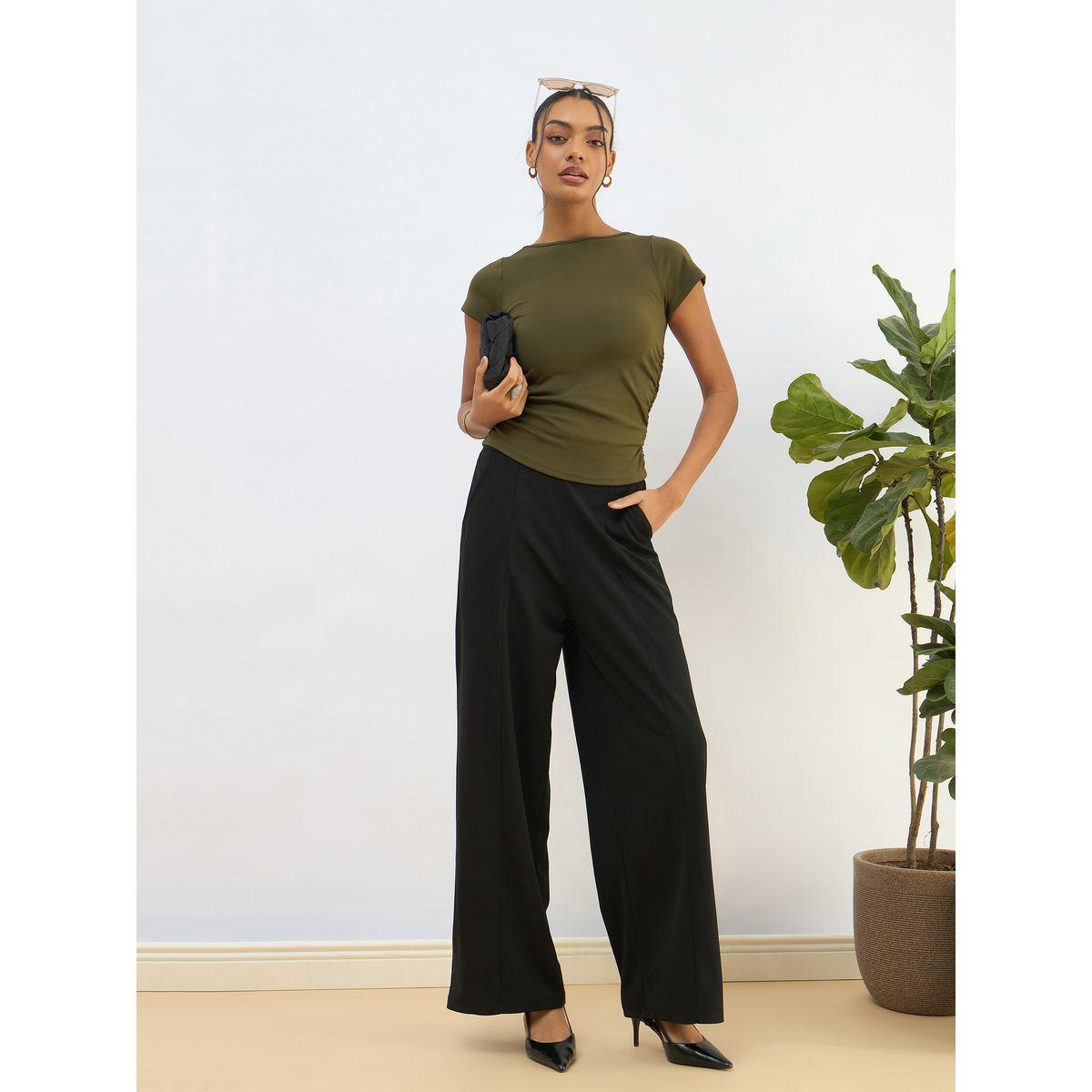 Sassafras Olive Knitted Short Sleeve Ruched Crop Top-women-clothing-tshirts-image-2