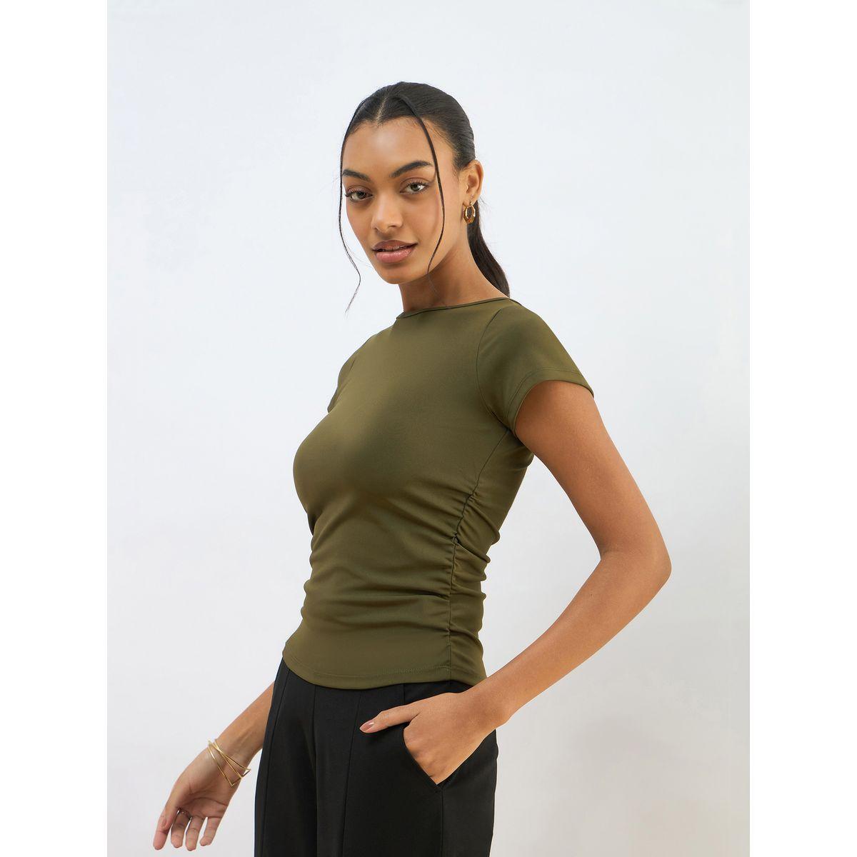 Sassafras Olive Knitted Short Sleeve Ruched Crop Top-women-clothing-tshirts-image-3