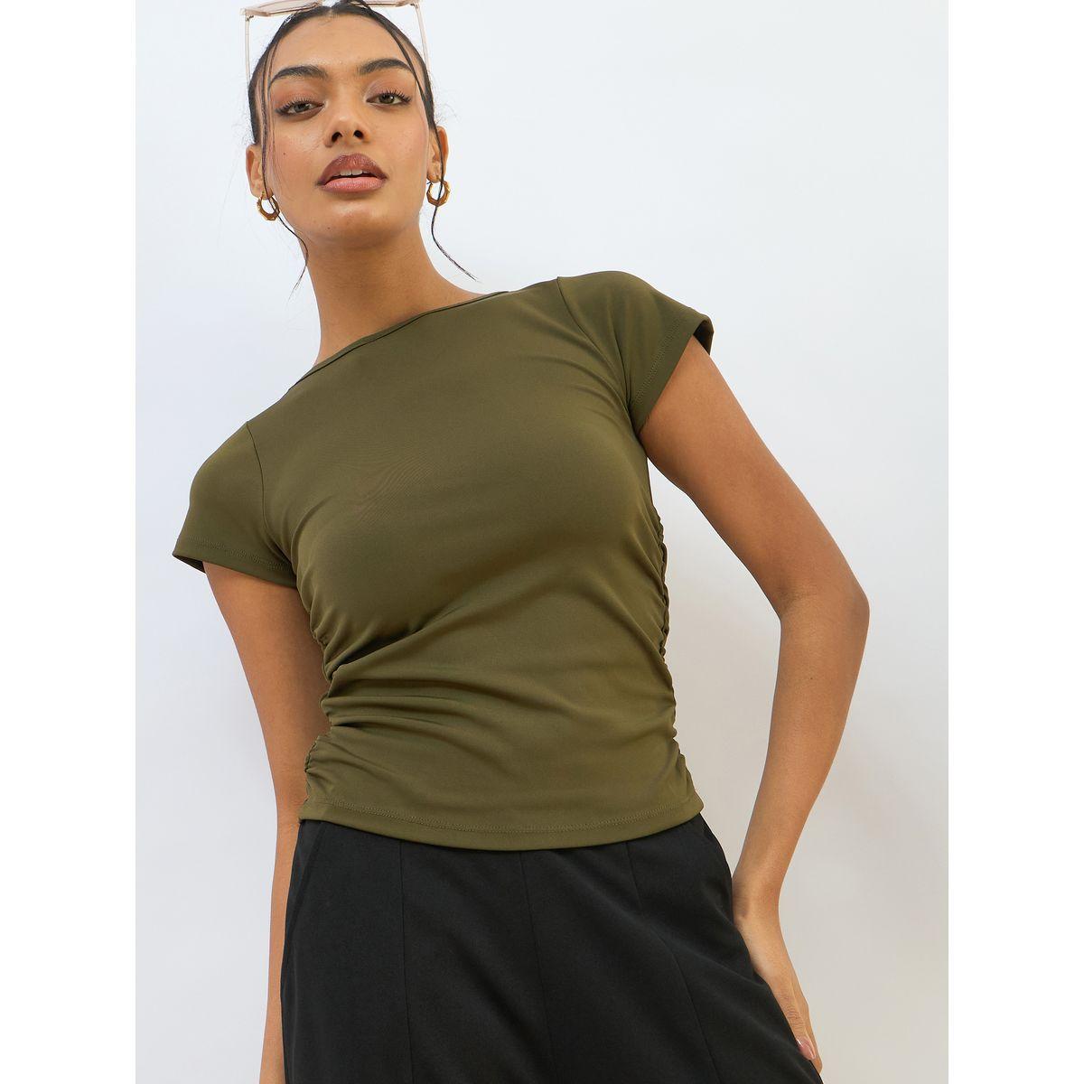 Sassafras Olive Knitted Short Sleeve Ruched Crop Top-women-clothing-tshirts-image-6