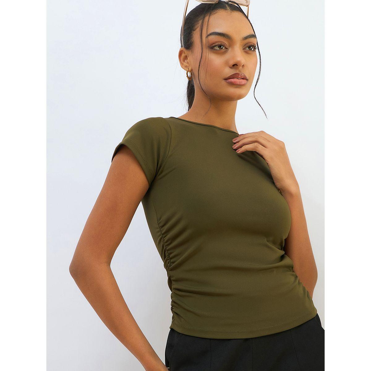 Sassafras Olive Knitted Short Sleeve Ruched Crop Top-women-clothing-tshirts-image-8