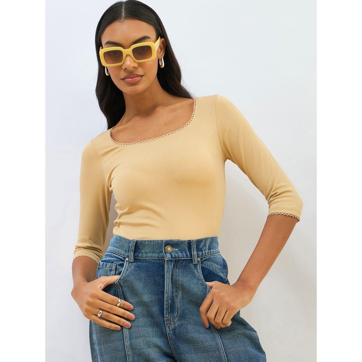 Sassafras Beige Knitted Lace Detail Crop Top-women-clothing-tshirts-image-1