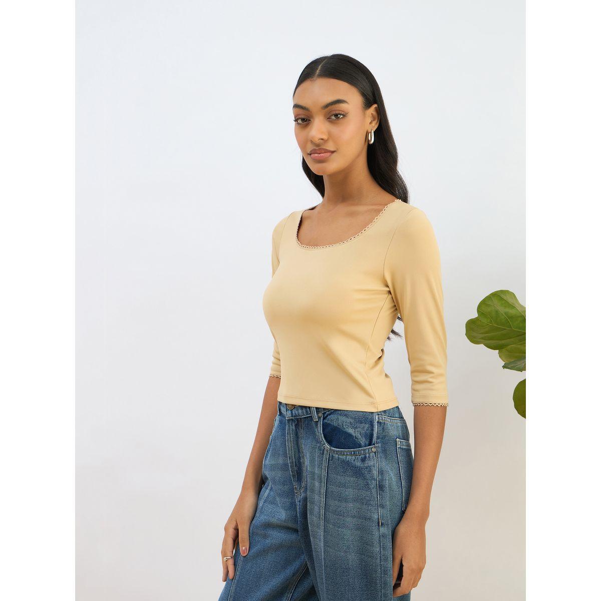 Sassafras Beige Knitted Lace Detail Crop Top-women-clothing-tshirts-image-3