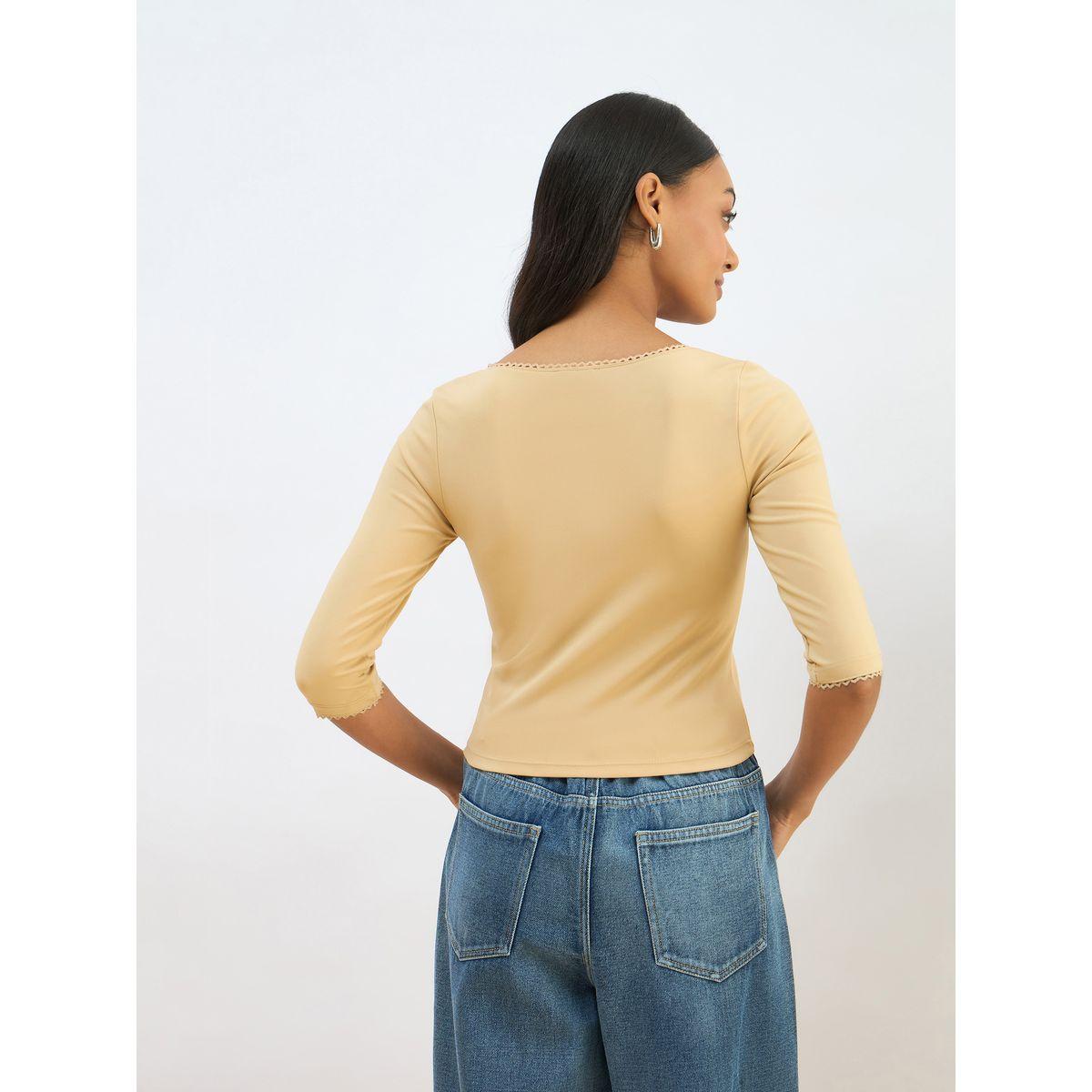 Sassafras Beige Knitted Lace Detail Crop Top-women-clothing-tshirts-image-5