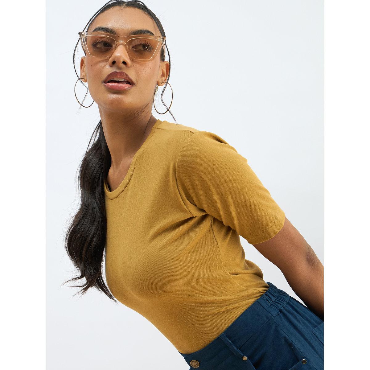 Sassafras Women Khaki Ribbed Short Sleeves Top-women-clothing-shirtsandblouses-blouses-image-1