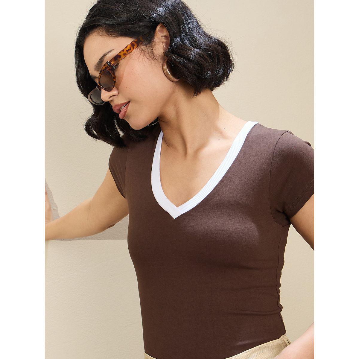 Sassafras Women Brown Contrast Deep V Neck Fitted Crop T-Shirt-women-clothing-tshirts-image-4