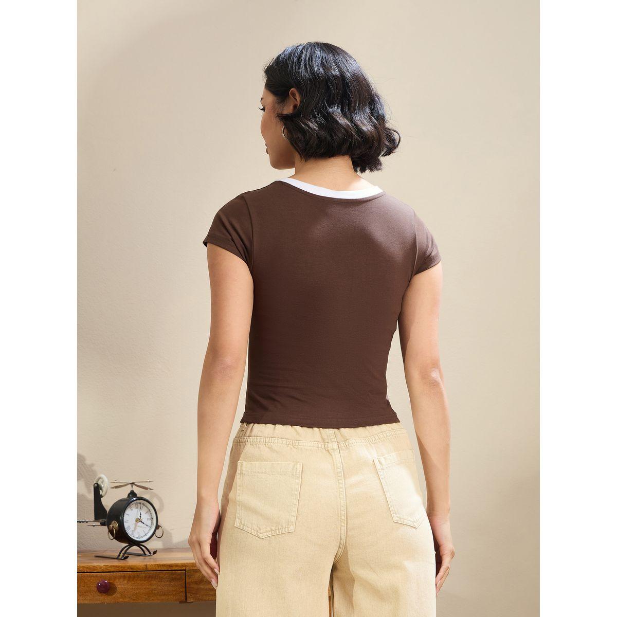 Sassafras Women Brown Contrast Deep V Neck Fitted Crop T-Shirt-women-clothing-tshirts-image-5