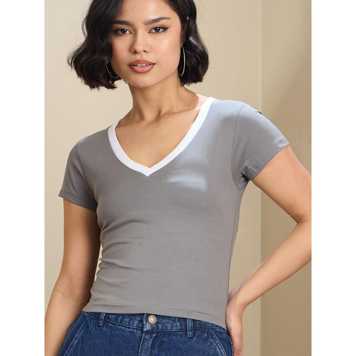 Sassafras Women Grey Contrast Deep V Neck Fitted Crop T-Shirt-women-clothing-tshirts-image-1