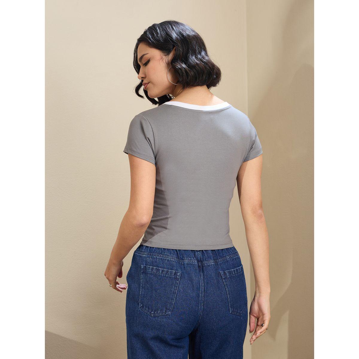 Sassafras Women Grey Contrast Deep V Neck Fitted Crop T-Shirt-women-clothing-tshirts-image-5