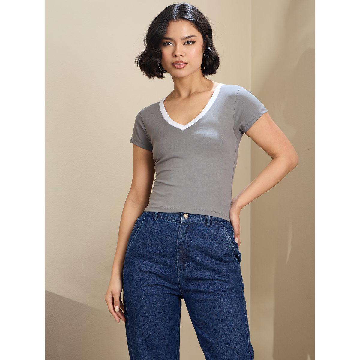 Sassafras Women Grey Contrast Deep V Neck Fitted Crop T-Shirt-women-clothing-tshirts-image-6