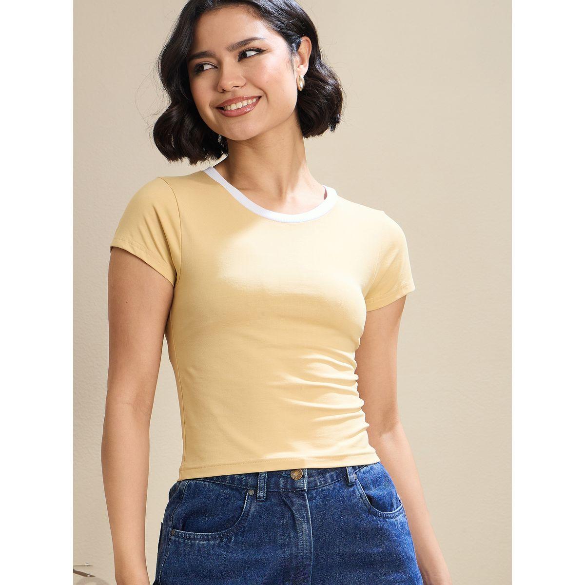 Sassafras Women Beige Contrast Round Neck Fitted Crop T-Shirt-women-clothing-tshirts-image-1