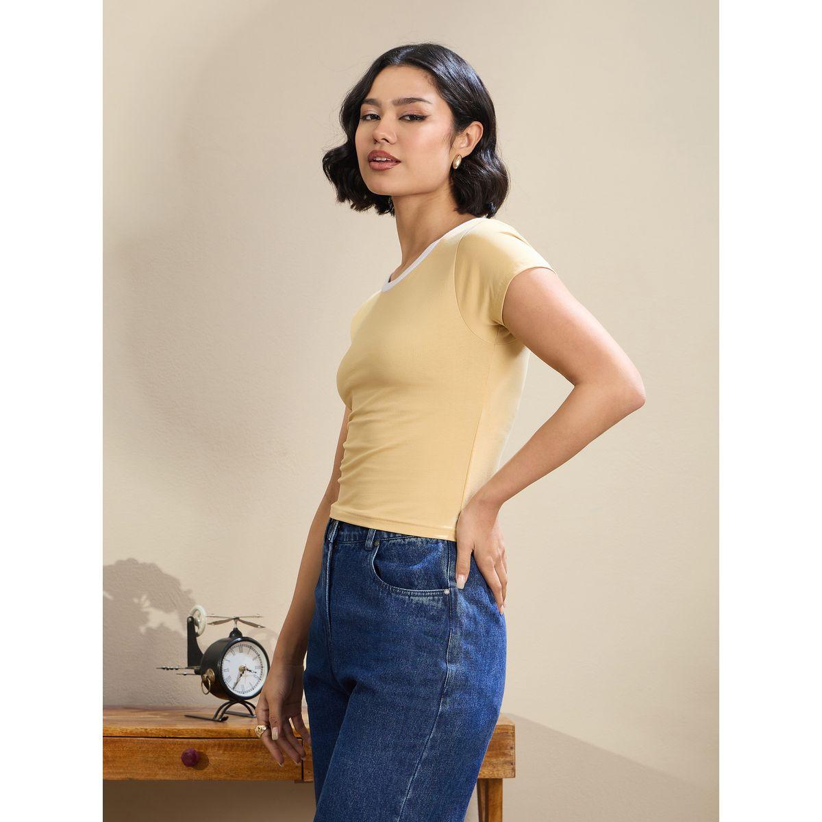 Sassafras Women Beige Contrast Round Neck Fitted Crop T-Shirt-women-clothing-tshirts-image-3
