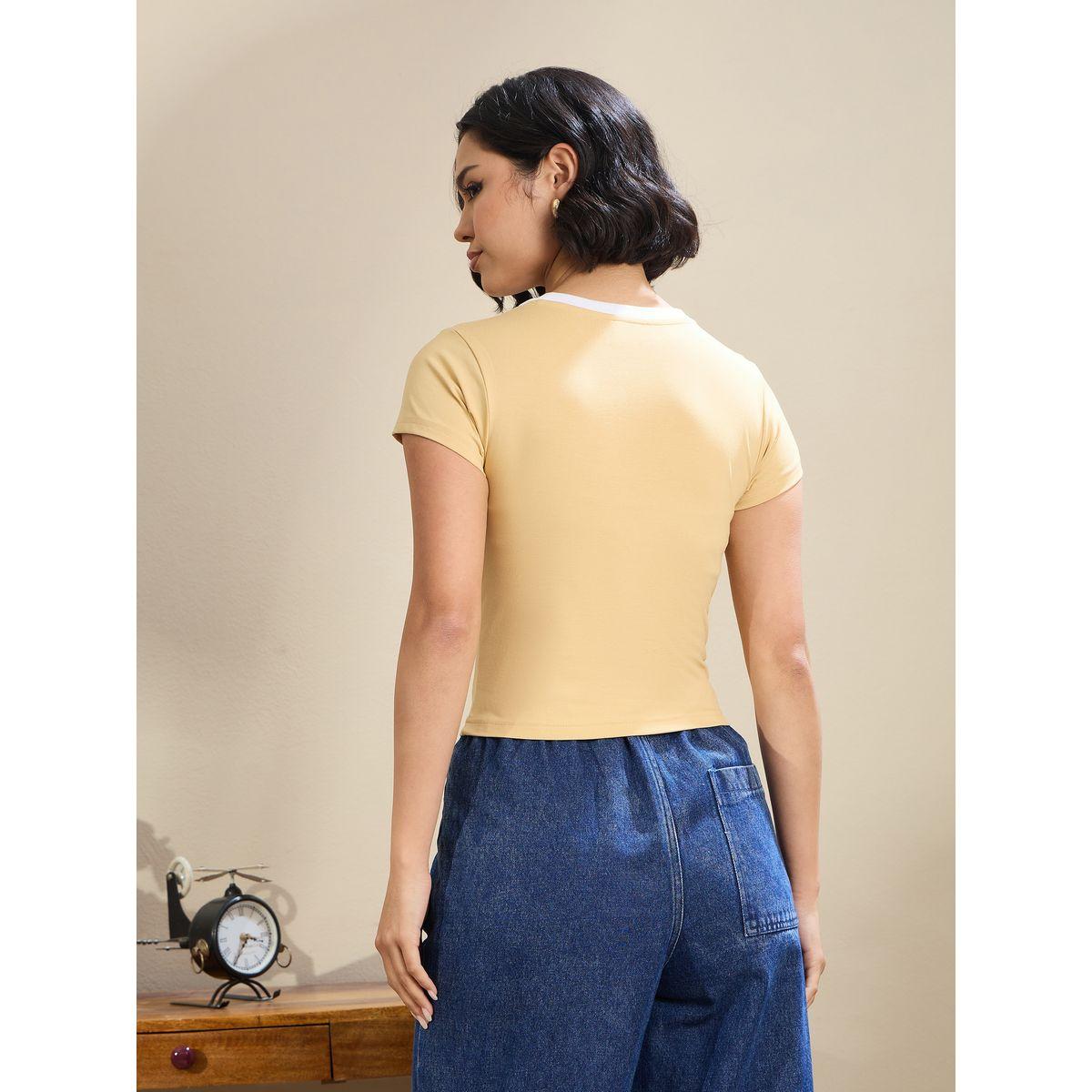 Sassafras Women Beige Contrast Round Neck Fitted Crop T-Shirt-women-clothing-tshirts-image-5