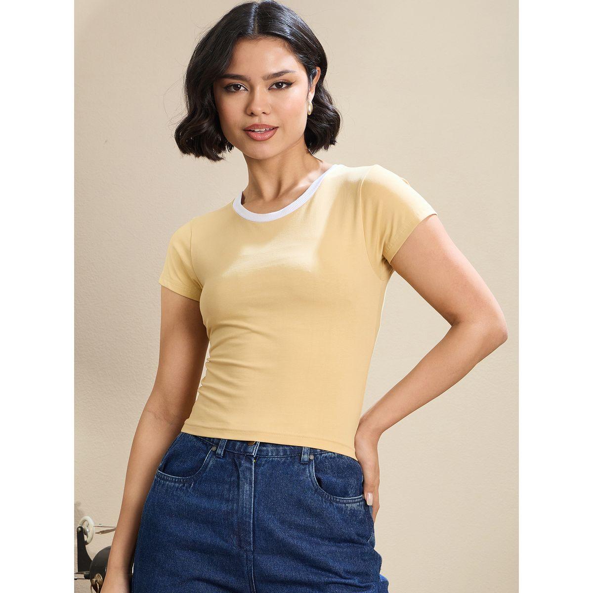 Sassafras Women Beige Contrast Round Neck Fitted Crop T-Shirt-women-clothing-tshirts-image-6