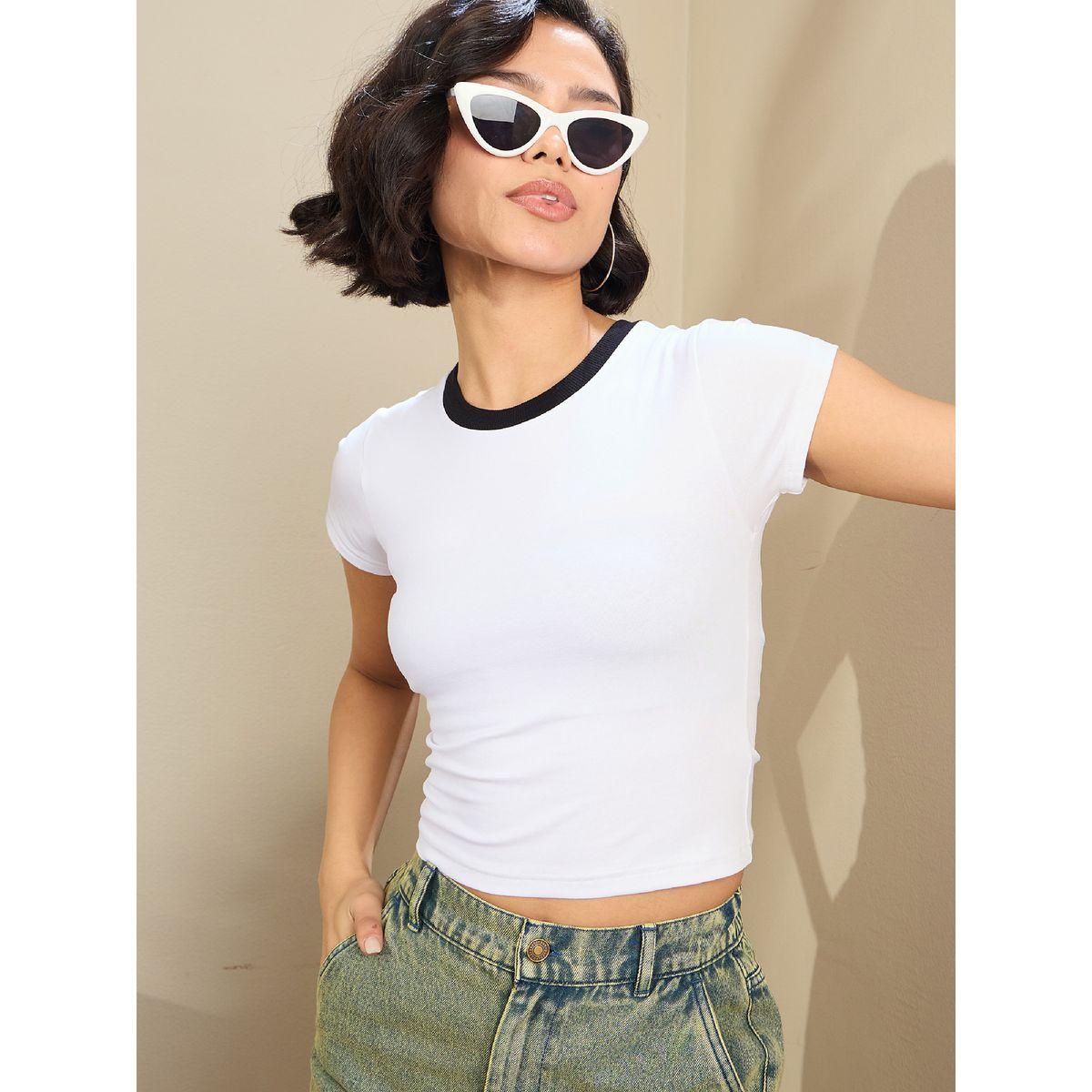 Sassafras Women White Contrast Round Neck Fitted Crop T-Shirt-women-clothing-tshirts-image-2