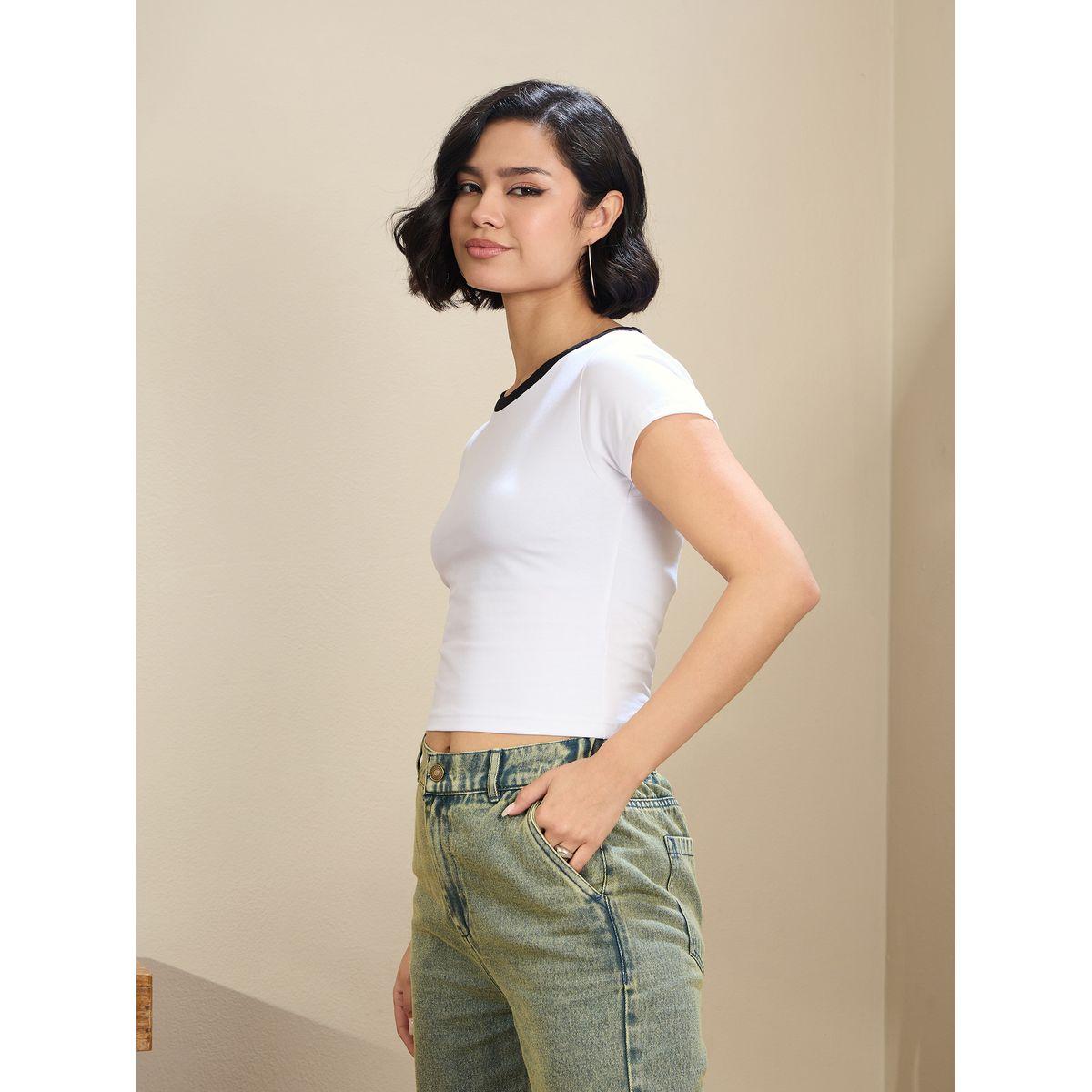 Sassafras Women White Contrast Round Neck Fitted Crop T-Shirt-women-clothing-tshirts-image-3