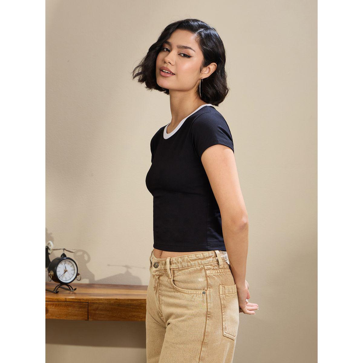 Sassafras Women Black Contrast Round Neck Fitted Crop T-Shirt-women-clothing-tshirts-image-3