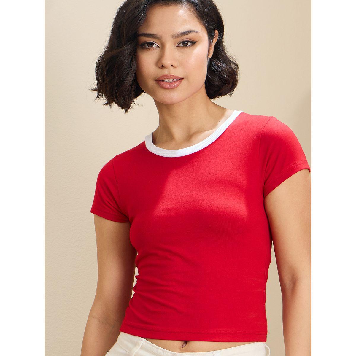 Sassafras Women Red Contrast Round Neck Fitted Crop T-Shirt-women-clothing-tshirts-image-1