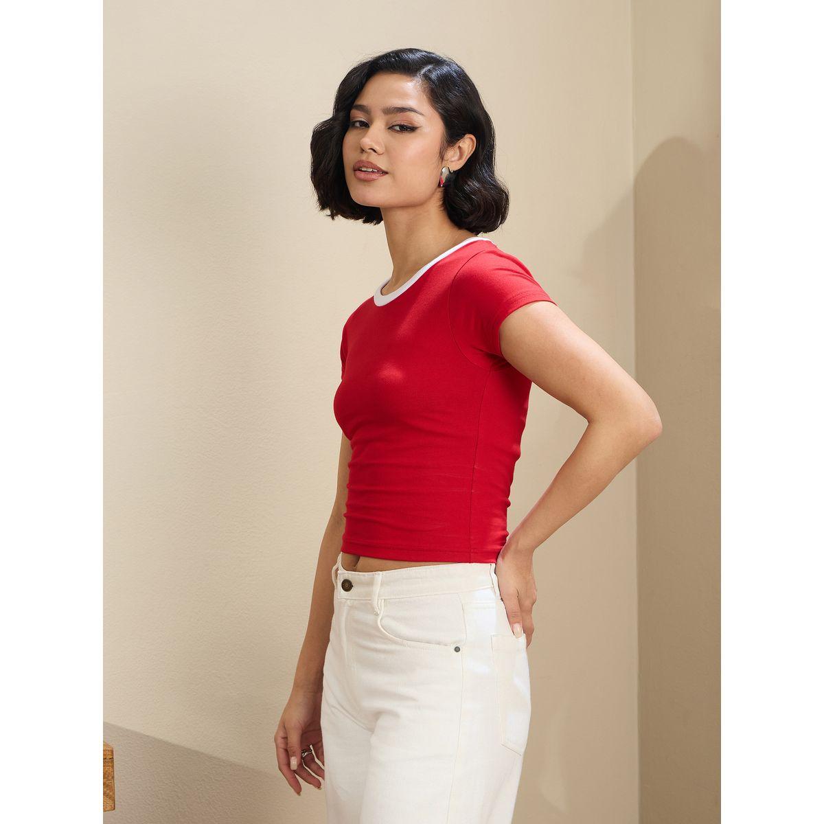 Sassafras Women Red Contrast Round Neck Fitted Crop T-Shirt-women-clothing-tshirts-image-3