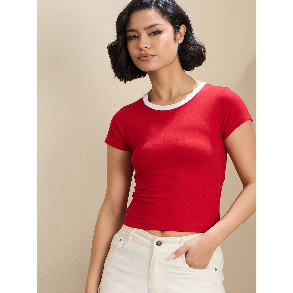 Sassafras Women Red Contrast Round Neck Fitted Crop T-Shirt-women-clothing-tshirts-image-6