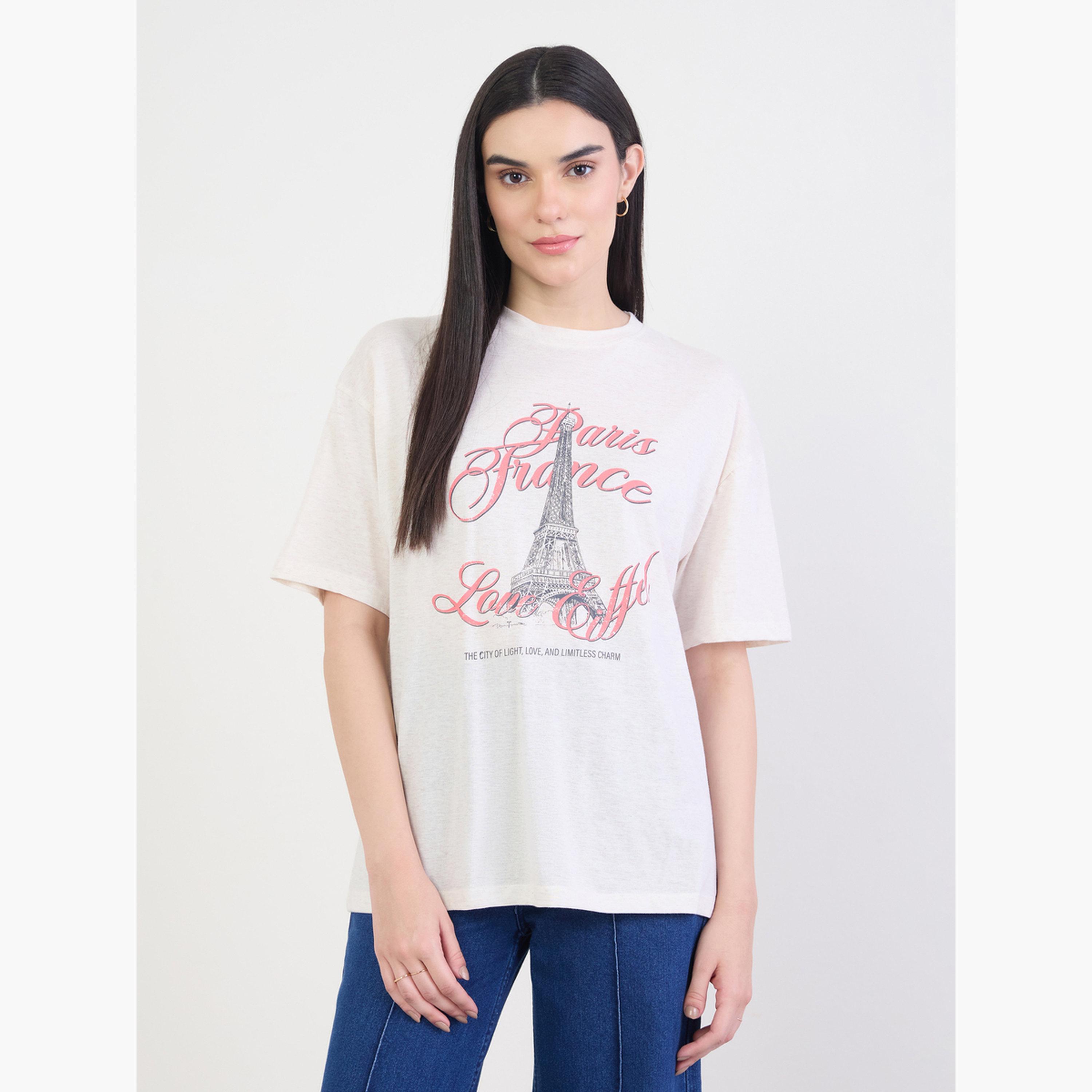 ستايلي - تي شيرت قطني مقاس واسع برسومات لون البيج-women-clothing-tshirts-image-1