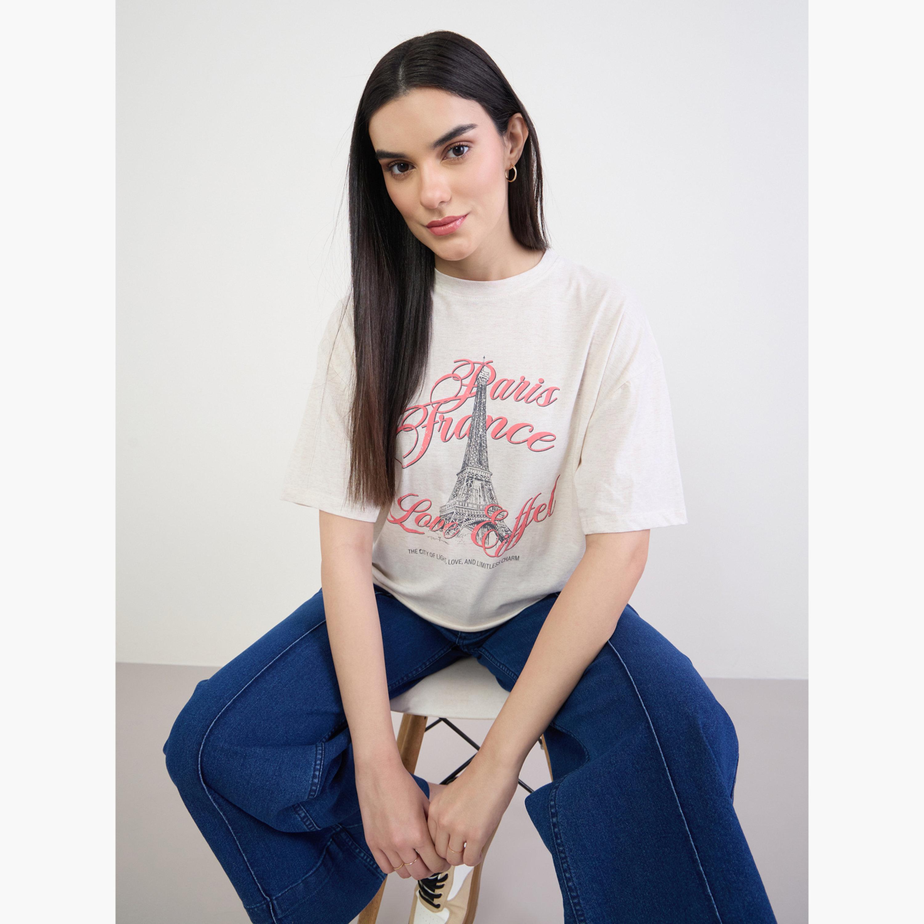 ستايلي - تي شيرت قطني مقاس واسع برسومات لون البيج-women-clothing-tshirts-image-3