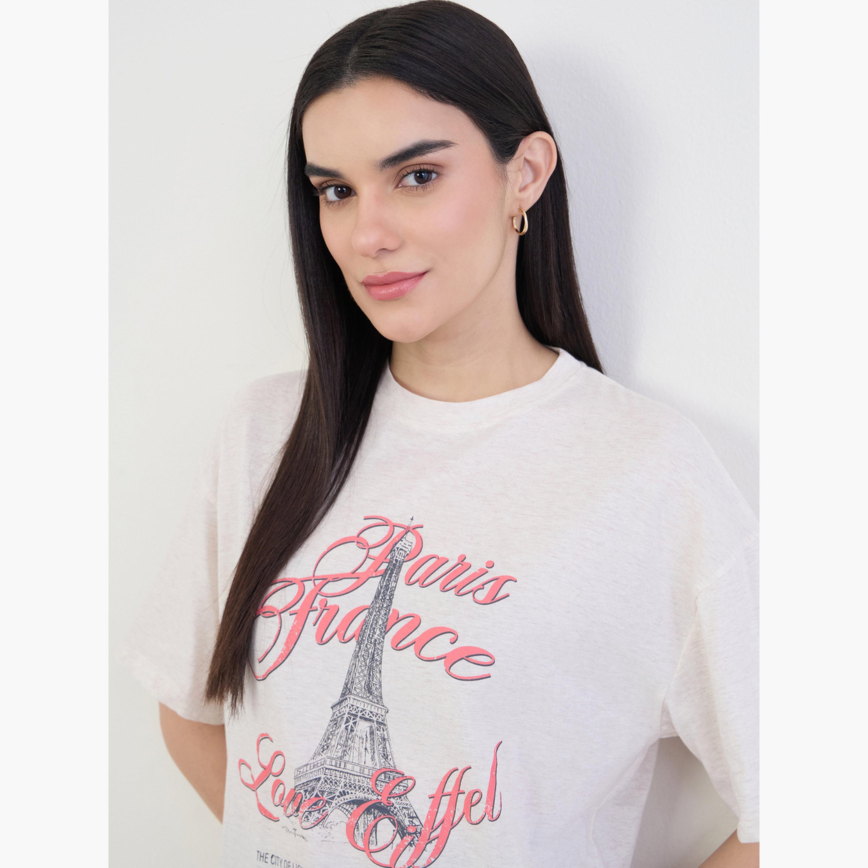 ستايلي - تي شيرت قطني مقاس واسع برسومات لون البيج-women-clothing-tshirts-image-4