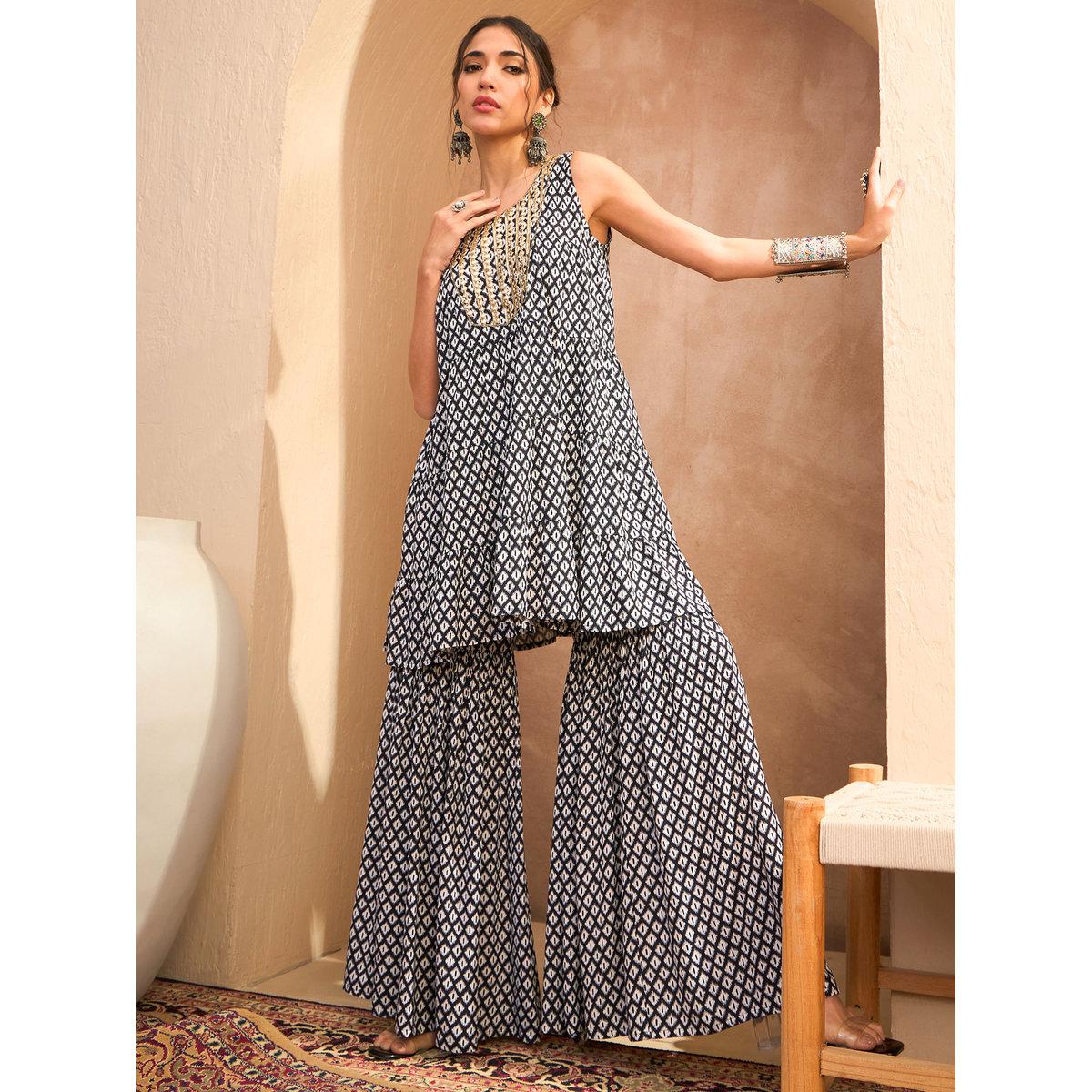 Sassafras Black Printed Embroidered Kurta and Sharara Pants Set-women-clothing-ethnicwear-kurtasets-image-1