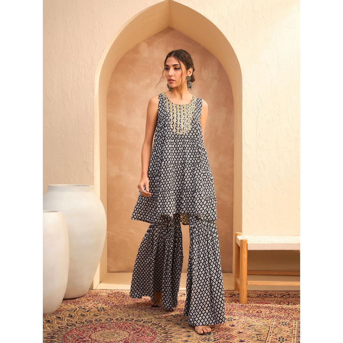 Sassafras Black Printed Embroidered Kurta and Sharara Pants Set-women-clothing-ethnicwear-kurtasets-image-3