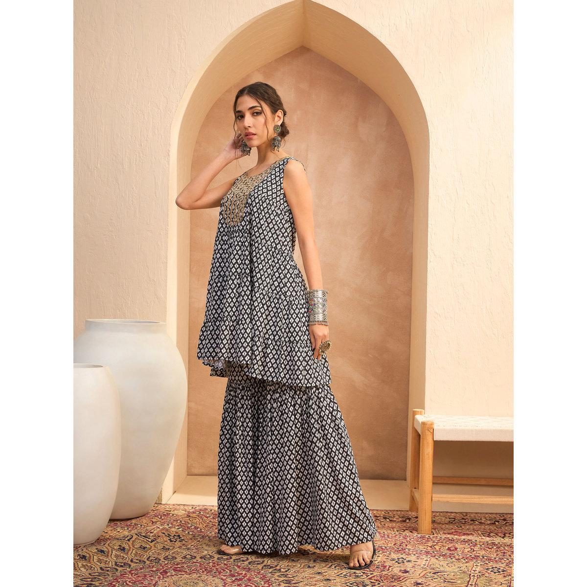 Sassafras Black Printed Embroidered Kurta and Sharara Pants Set-women-clothing-ethnicwear-kurtasets-image-4