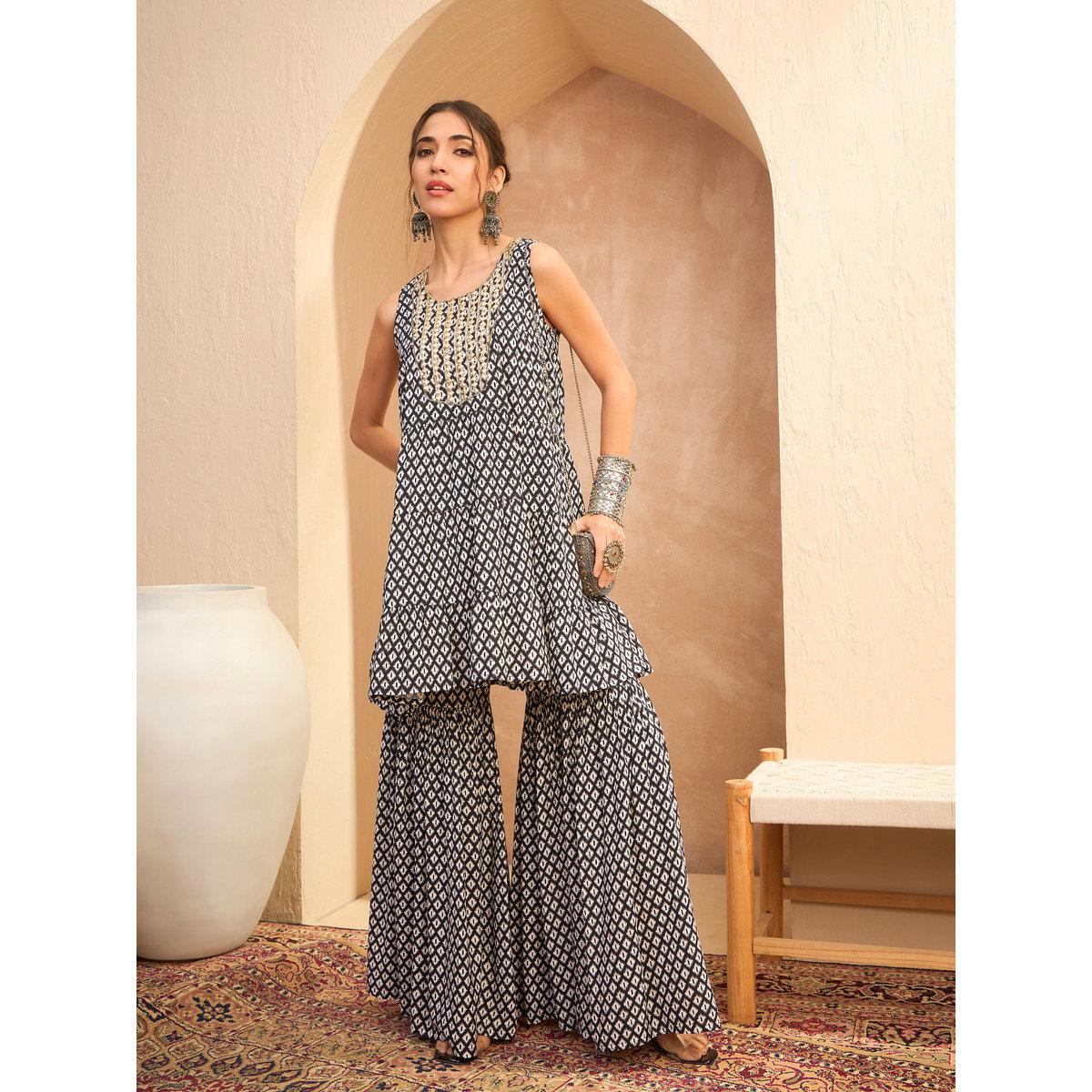 Sassafras Black Printed Embroidered Kurta and Sharara Pants Set-women-clothing-ethnicwear-kurtasets-image-6
