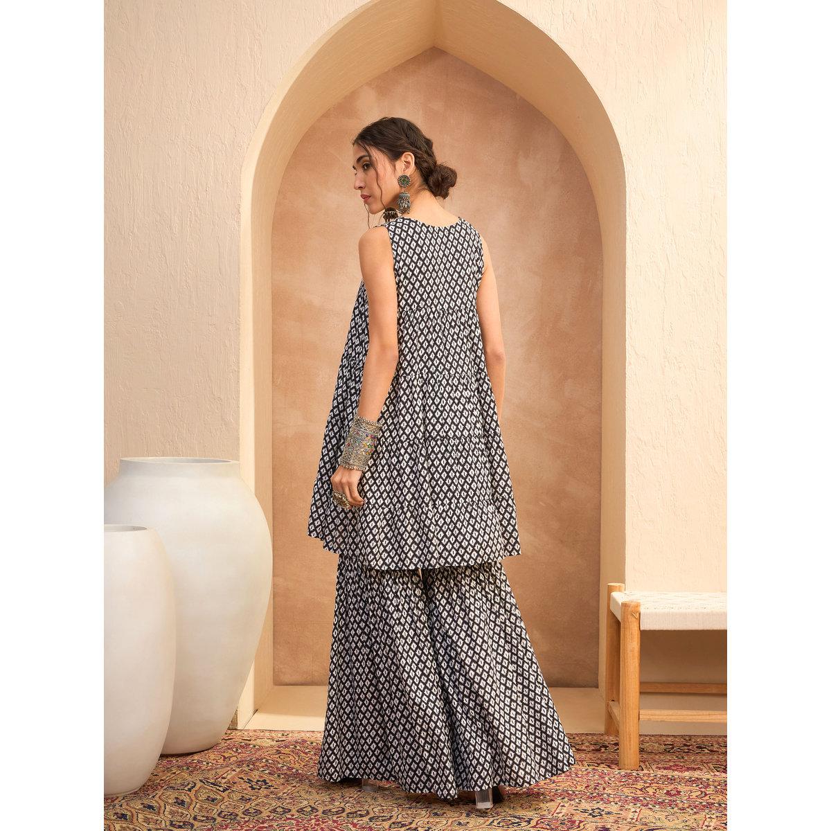 Sassafras Black Printed Embroidered Kurta and Sharara Pants Set-women-clothing-ethnicwear-kurtasets-image-7