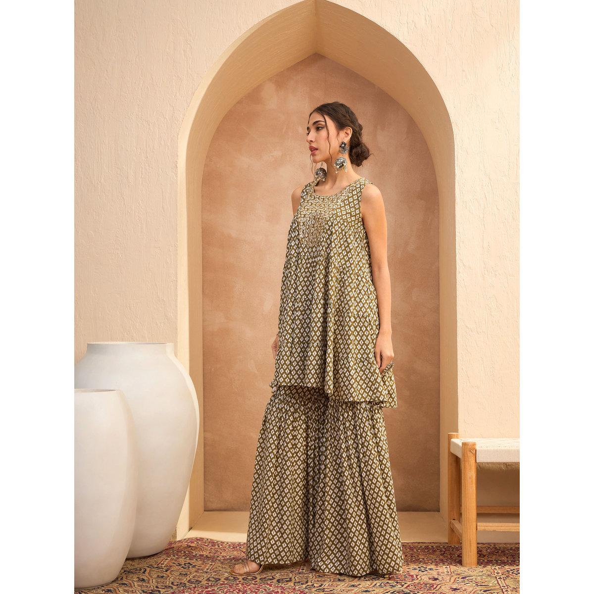 Sassafras Olive Printed Embroidered Kurta and Sharara Pants Set-women-clothing-ethnicwear-kurtasets-image-3