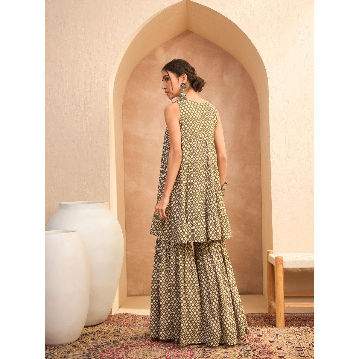 Sassafras Olive Printed Embroidered Kurta and Sharara Pants Set-women-clothing-ethnicwear-kurtasets-image-6