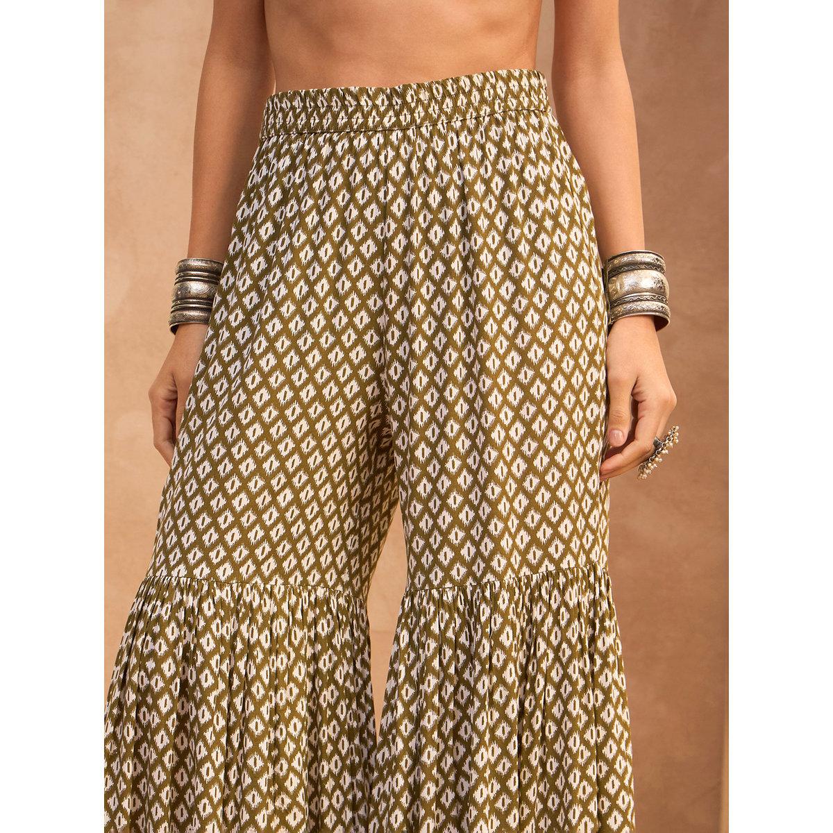 Sassafras Olive Printed Embroidered Kurta and Sharara Pants Set-women-clothing-ethnicwear-kurtasets-image-8