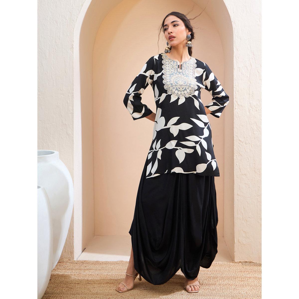 Sassafras Black Floral Embroidered Kurta and Dhoti Skirt Set-women-clothing-ethnicwear-kurtasets-image-1