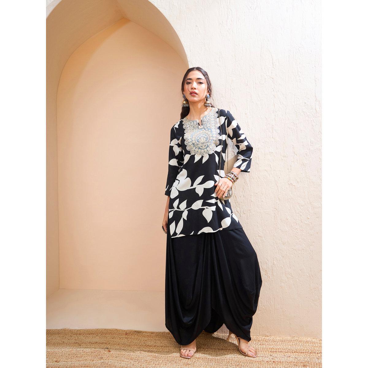 Sassafras Black Floral Embroidered Kurta and Dhoti Skirt Set-women-clothing-ethnicwear-kurtasets-image-2