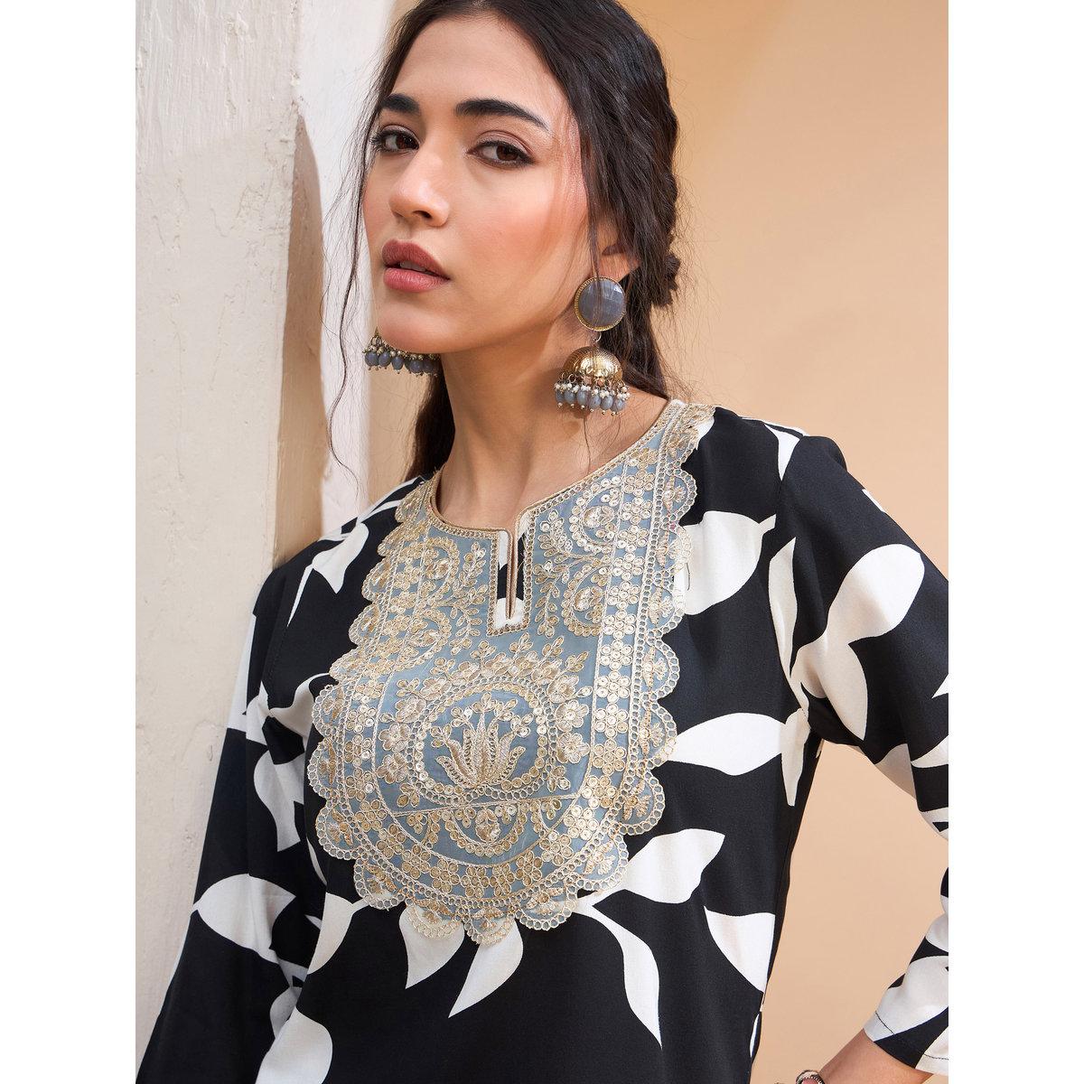 Sassafras Black Floral Embroidered Kurta and Dhoti Skirt Set-women-clothing-ethnicwear-kurtasets-image-4