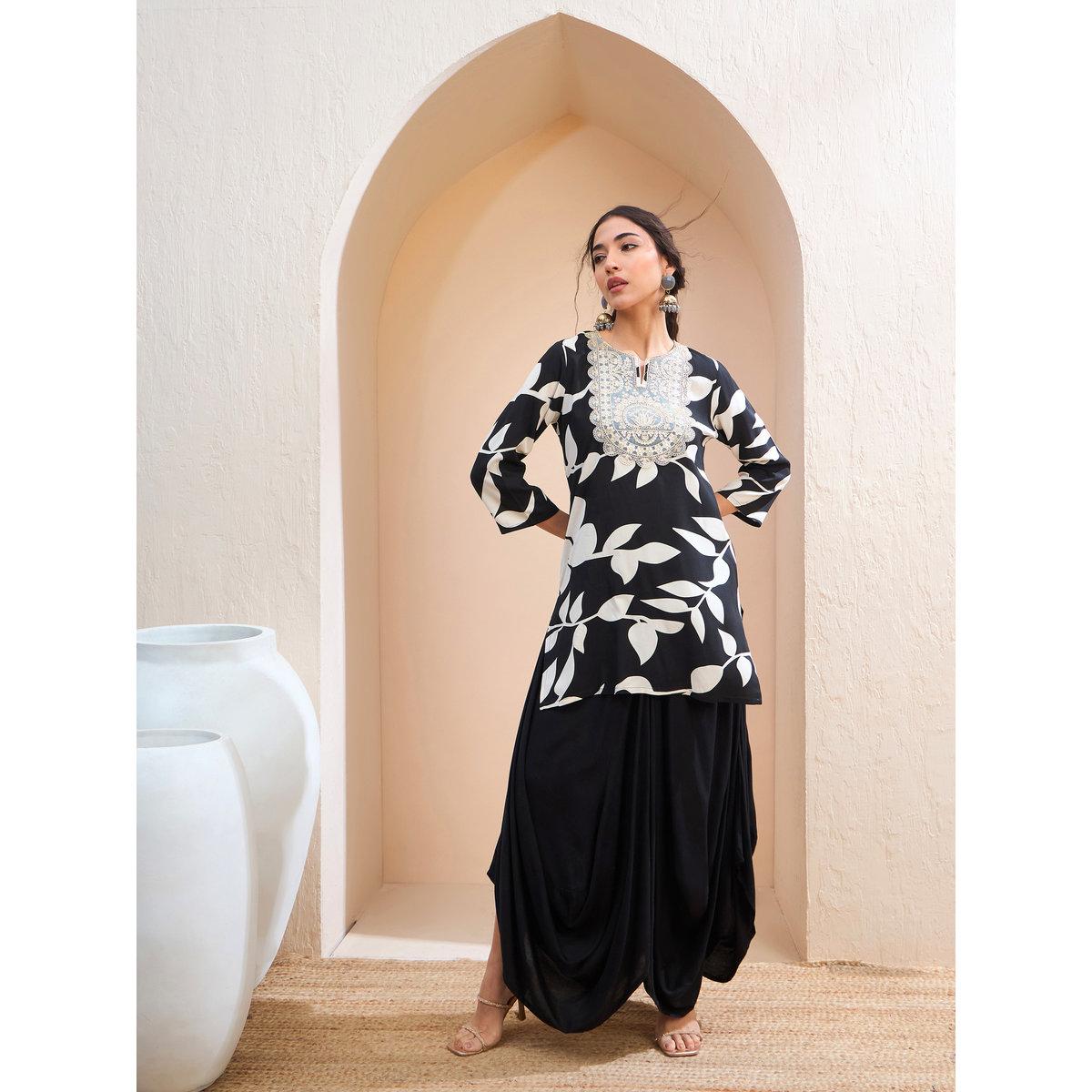 Sassafras Black Floral Embroidered Kurta and Dhoti Skirt Set-women-clothing-ethnicwear-kurtasets-image-9