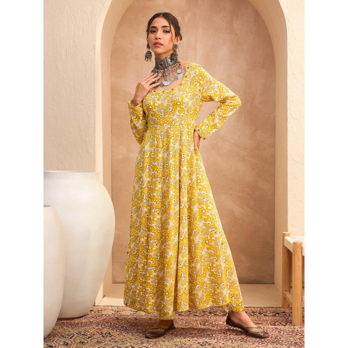 Sassafras Yellow Floral Anarkali Kurta and Pants Set-women-clothing-ethnicwear-kurtasets-image-1