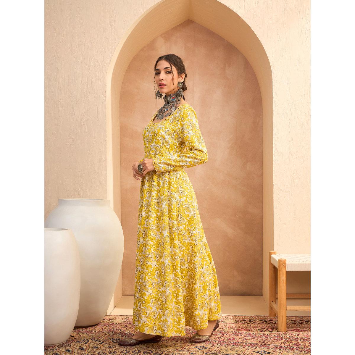 Sassafras Yellow Floral Anarkali Kurta and Pants Set-women-clothing-ethnicwear-kurtasets-image-3