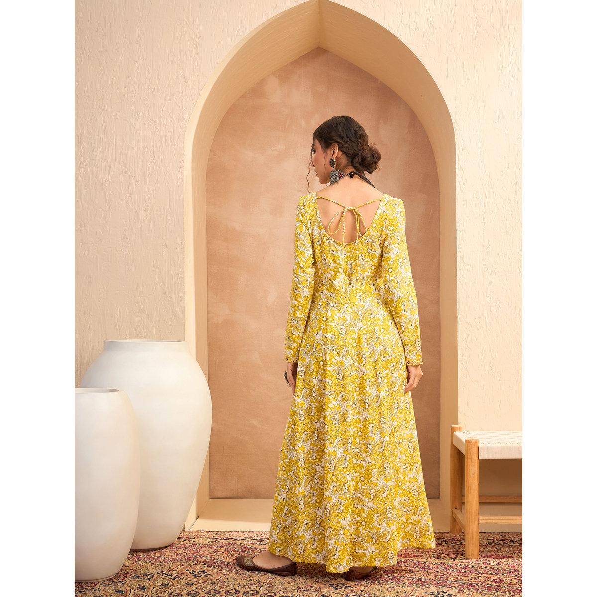 Sassafras Yellow Floral Anarkali Kurta and Pants Set-women-clothing-ethnicwear-kurtasets-image-5