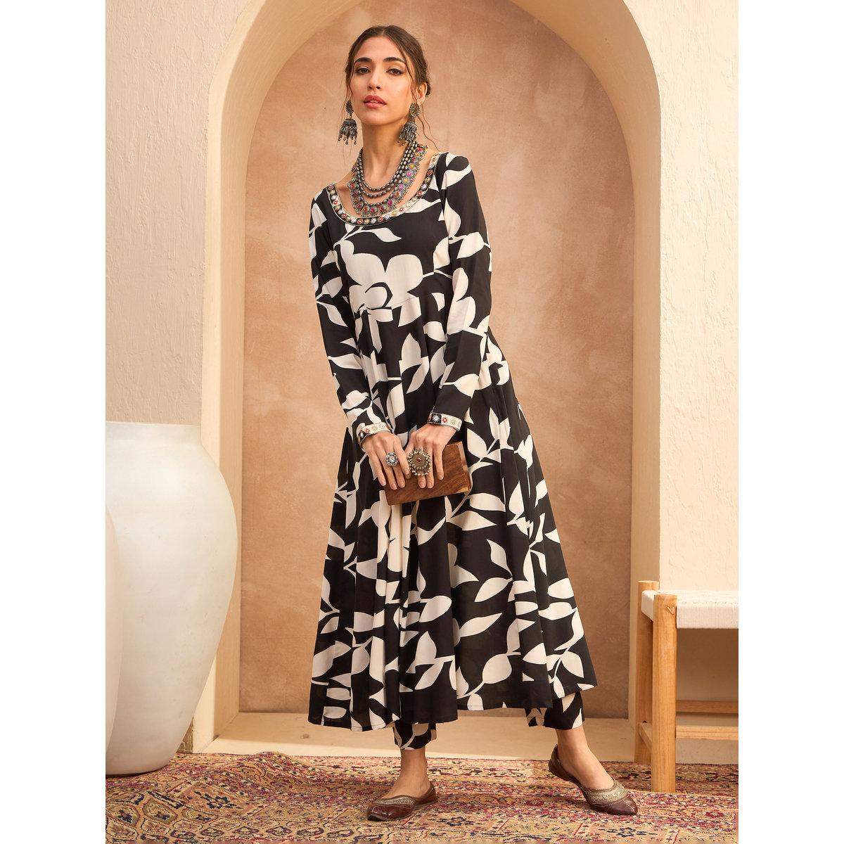 Sassafras Black Floral Anarkali Kurta and Pants Set-women-clothing-ethnicwear-kurtasets-image-1