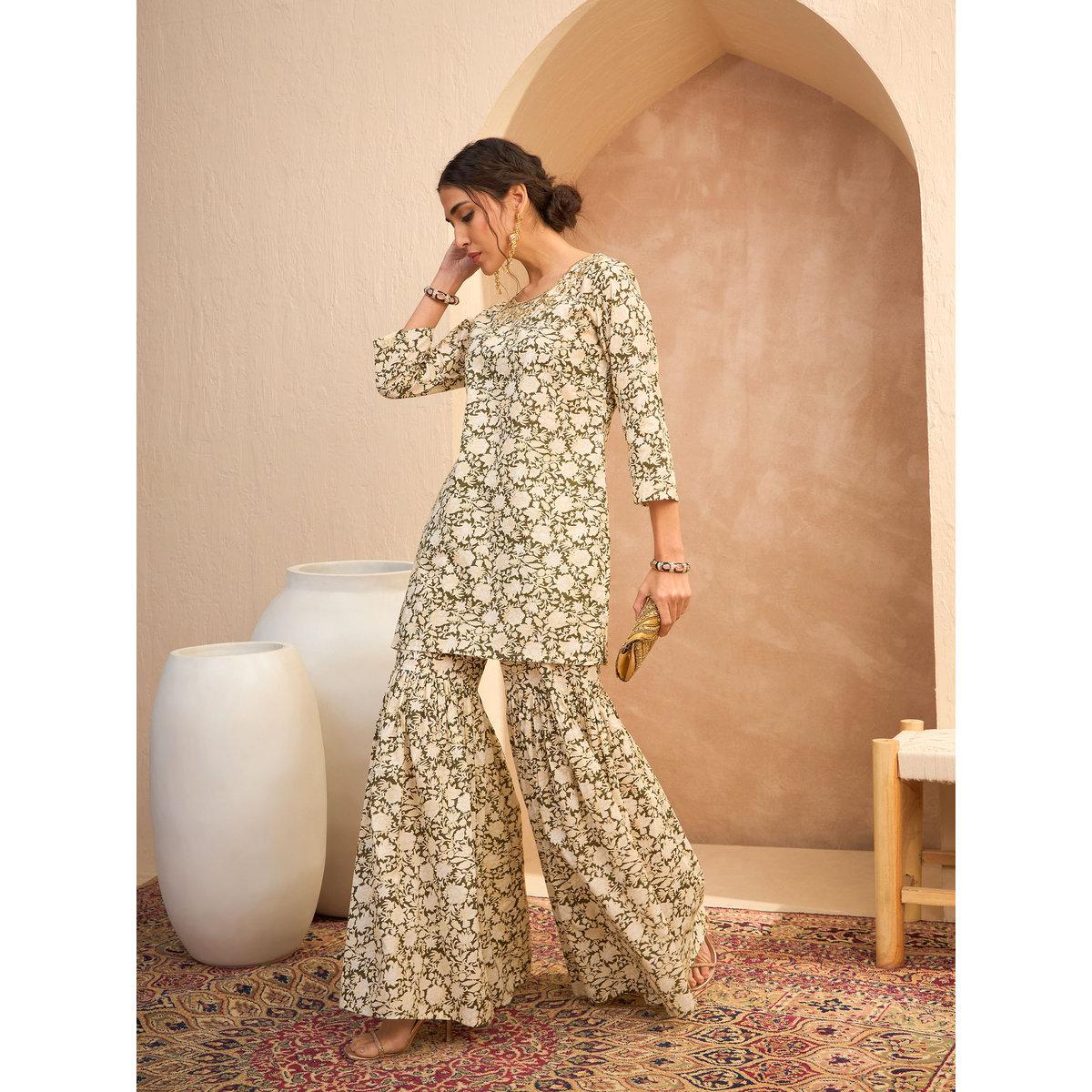 Sassafras Olive Floral Embroidered Kurta and Sharara Set-women-clothing-ethnicwear-kurtasets-image-2
