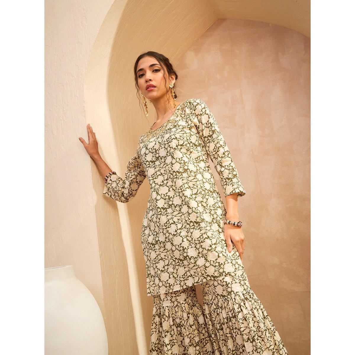 Sassafras Olive Floral Embroidered Kurta and Sharara Set-women-clothing-ethnicwear-kurtasets-image-3